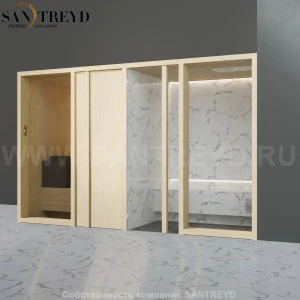 Effegibi YOKU.D SH YO.20110002 Комбинированная баня: хаммам и сауна. Установка: в правый угол. Мощность: 10,5 кВт макс. Размеры: длина 342 см, ширина 170 см. Отделка: осина термообработанная и светлый керамогранит