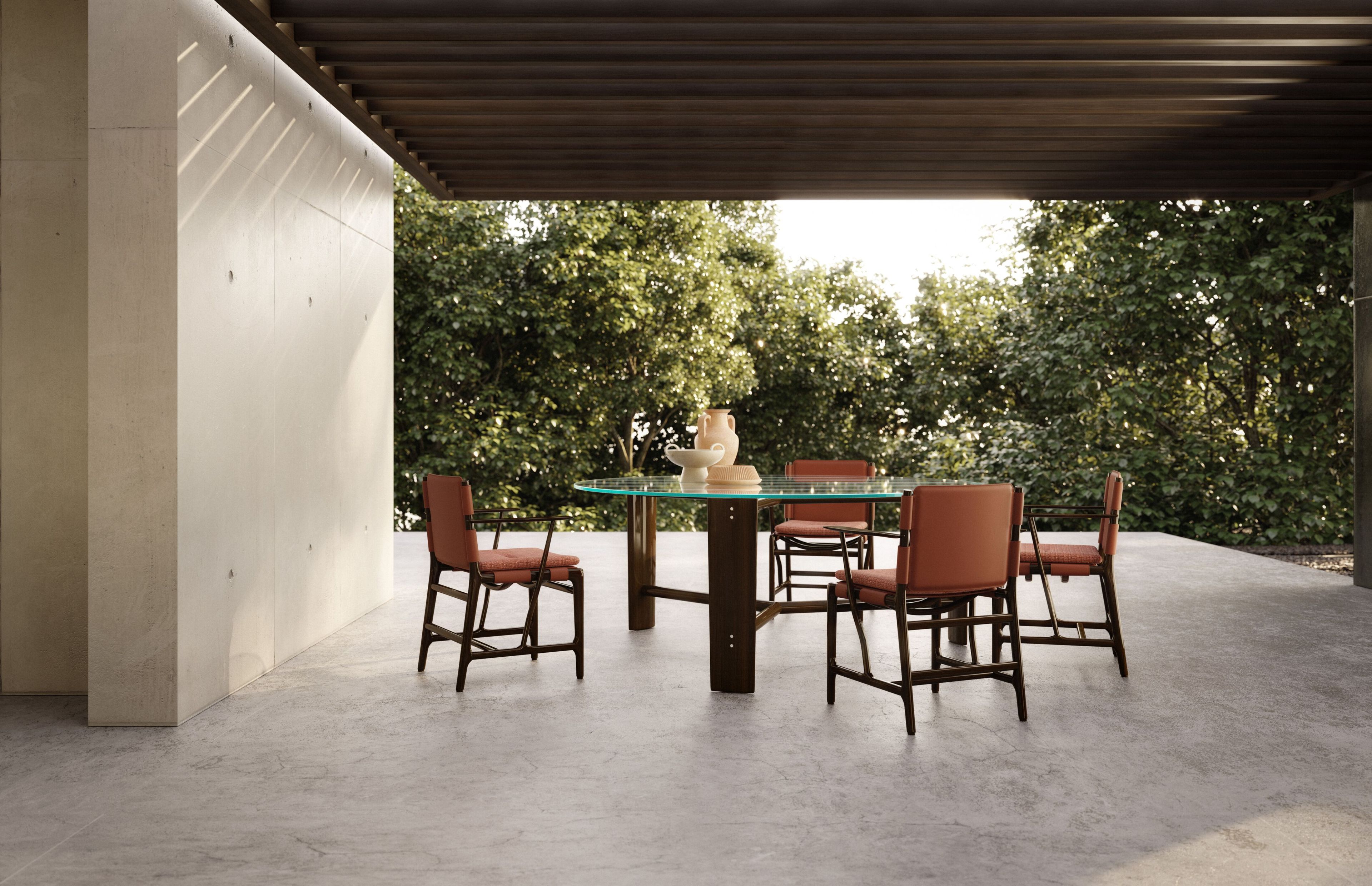 Круглый садовый стол из красного дерева и стекла Exteta No-Glue ARCH-00142845 - Вид №7