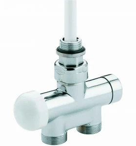 Carlo Poletti V86500M Клапан термостатический одно/двухтрубный с by-pass и держателем, центральное подсоединение. Версия угловая с подключением медной или пластиковой трубы. Межосевое расстояние 40-50 мм.