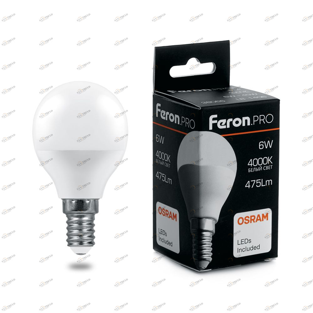 Лампа светодиодная Feron.PRO "Шарик" E14 6W 6400K OSRAM LED LB-1406 38067 FERON  00-3956743 Матовый 
