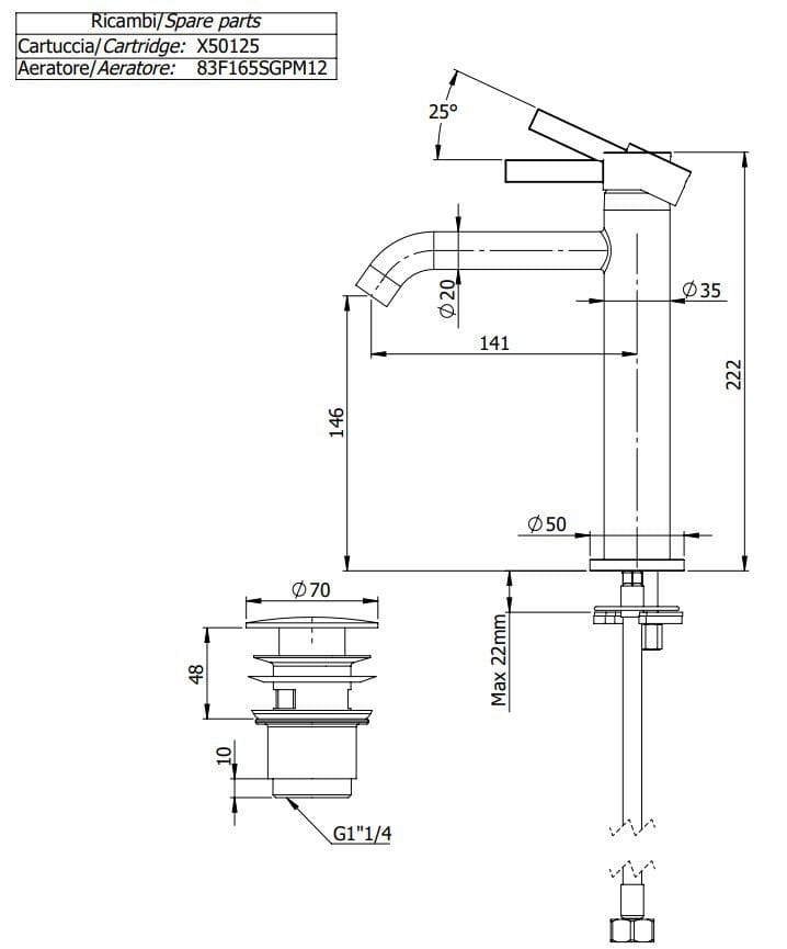 Однорычажный смеситель для раковины Remer Rubinetterie метрическая ARCH-00103053 - Вид №2