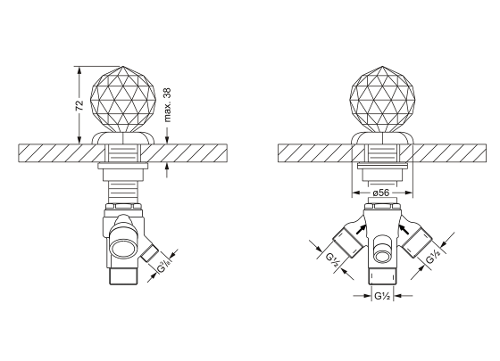 Переключатель на два положения ½", монтаж на борт ванны JOERGER Florale Crystal 600.40.750.000-AA - Вид №1