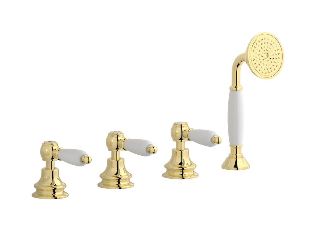 Смеситель на бортик ванной на 4 отверстия с изливом, дивертером и душевым гарнитуром. WE ARE IB hl397ii_2 Pale Gold Hermes