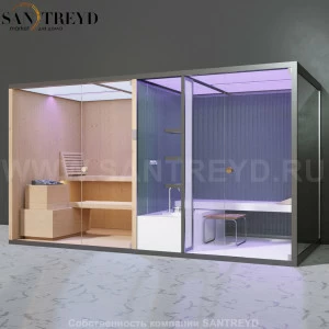 Effegibi BODYLOVE SH BL40140006 Фронтальная комбинированная баня: хаммам и сауна. Установка: к стене. Мощность: 15 кВт макс. Размеры: длина 393 см, ширина 176 см. Отделка: канадский хемлок, трубчатое стекло и гладкий хемлок.