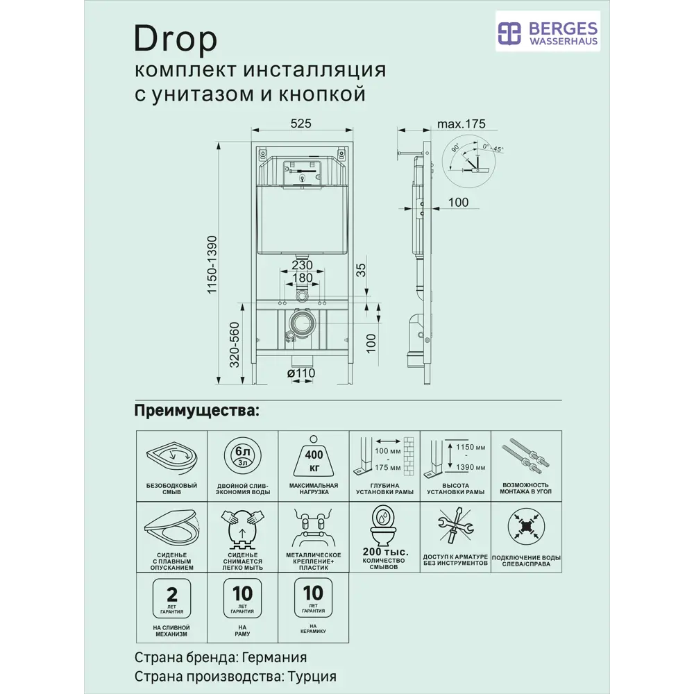 Комплект инсталляция с унитазом Berges Drop с кнопкой цвет белый STLM-2199966 - Вид №3
