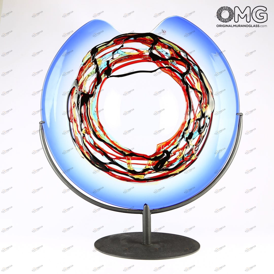 2519 ORIGINALMURANOGLASS Декоративное блюдо Синий Сатурн с цветным узором - муранское стекло - Original Murano Glass OMG 56 см 