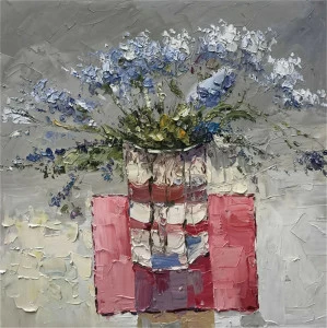 Картина на холсте 100х100 см "Цветы на столе - 2" EVENHOME КАРТИНЫ МАСЛОМ 129936 Голубой;зеленый;розовый;разноцветный