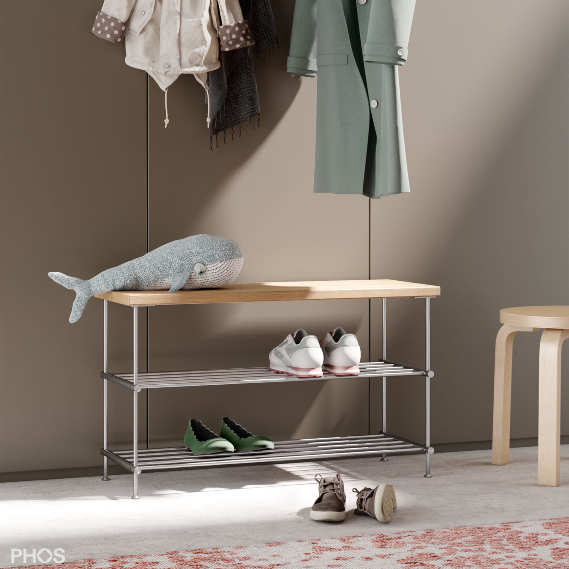 SB600-2-Eiche Скамья для обуви из дуба, 1 поле, 2 уровня, ширина 65 см PHOS  - Вид №6