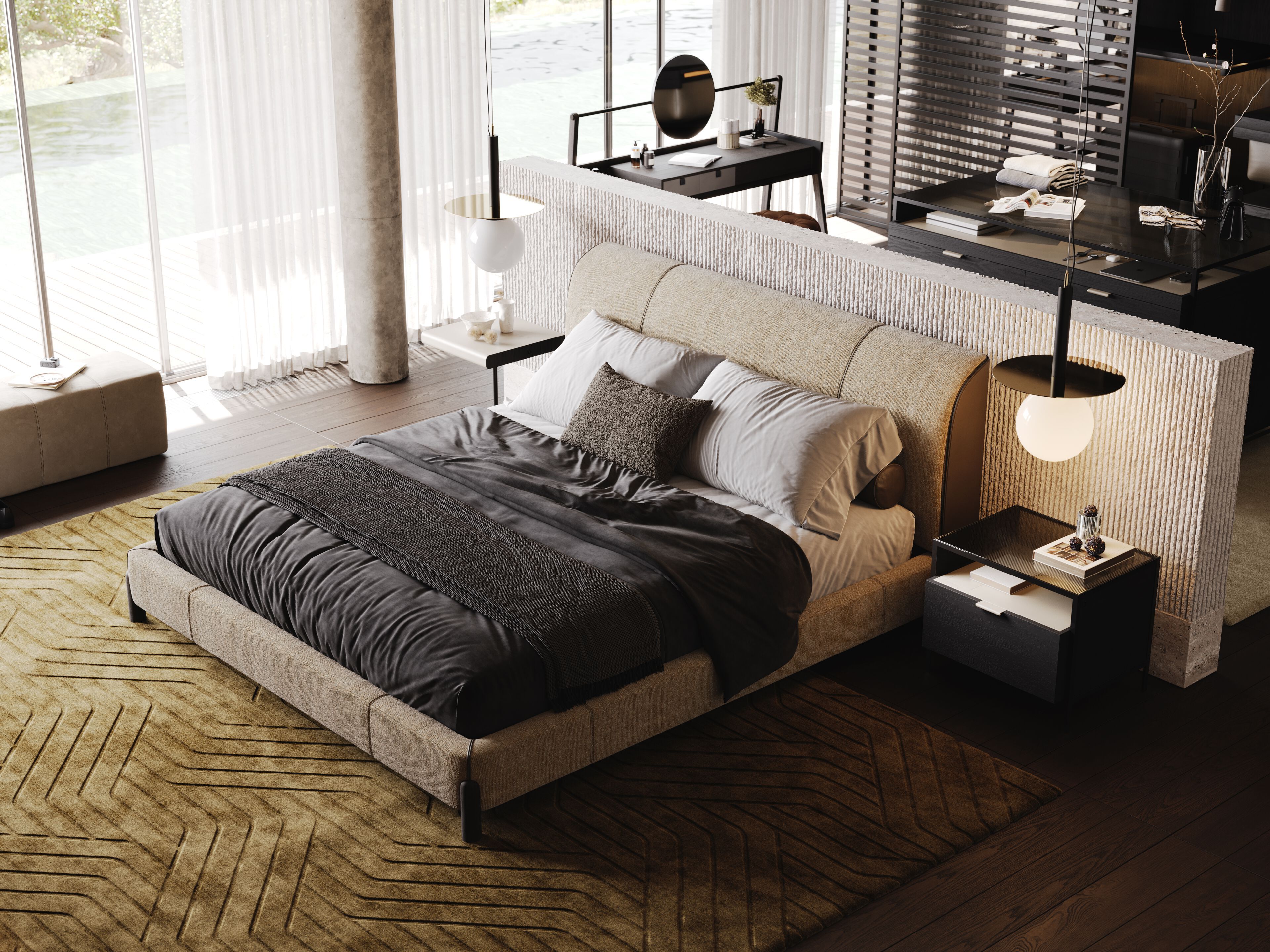 Двуспальная кровать из ткани с мягким изголовьем Laskasas Canvas ARCH-00149703 - Вид №1