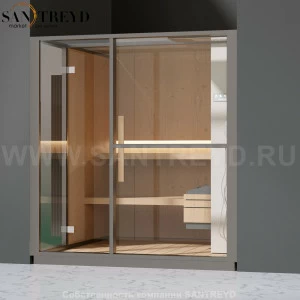 Effegibi LOGICA S LO20010009 Сауна. Установка: в нишу. Правая дверь. Мощность: 6 кВт макс. Размеры: длина 214 см, ширина 250 см. Отделка: канадский хемлок, матовый лакированный серый аллюминий и бежевый ламинат из керамогранита.