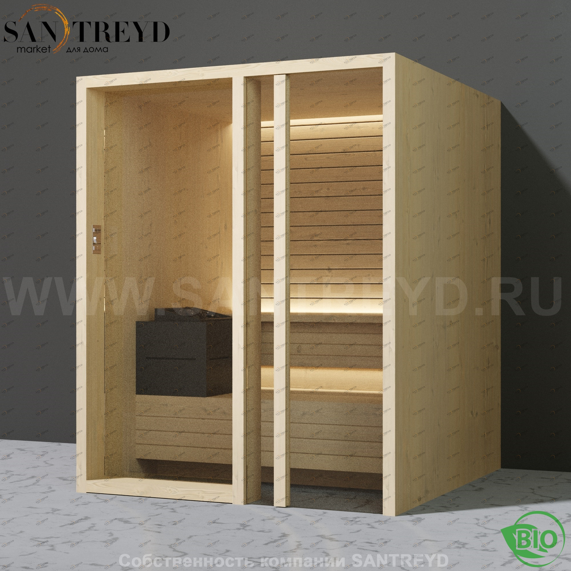 Effegibi YOKU.G60 BI.70300015 Био-сауна с правой дверью. Мощность: 6 кВт макс. Размеры: длина 174 см, ширина 170 см. Отделка: осина термообработанная BI70300015