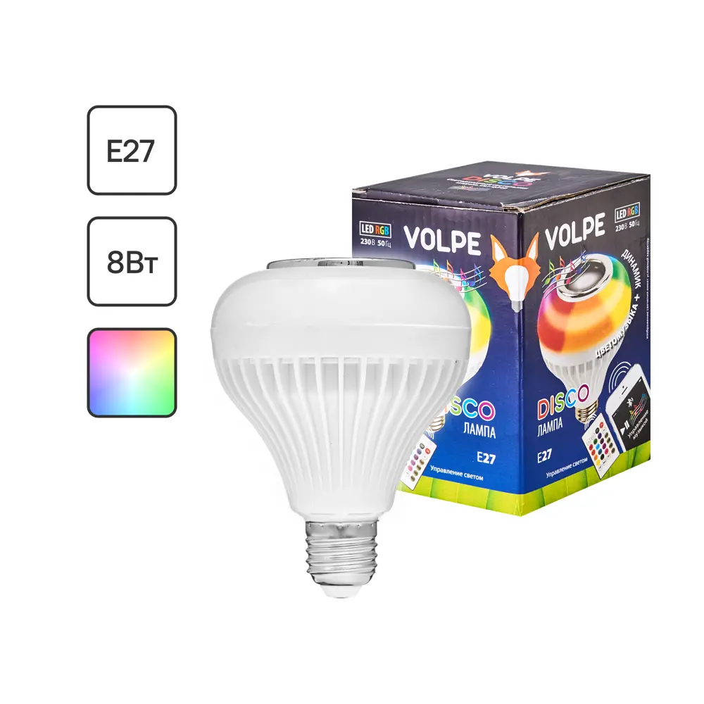 Лампа светодиодная Volpe Disco Е27 220 В 8 Вт 200 Лм, регулируемый цвет света RGB, Bluetooth, пульт ДУ STLM-2037633