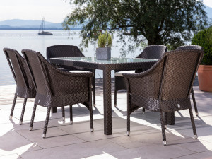 98.00.0872 Balou Обеденный набор мокка из 9 предм. - в том числе 4 кресла из мокки Balou, 4 подушки сиденья (цвет на ваш выбор), 1 стол из мокки Bellini, стеклянная поверхность 90 × 90 Mbm