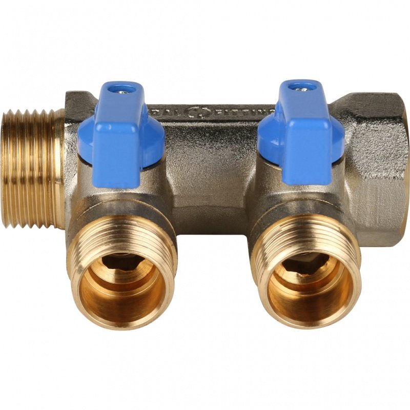Коллектор с шаровыми кранами 3/4" STOUT 2 выхода 1/2", синие ручки SMB6201341202 - Вид №2