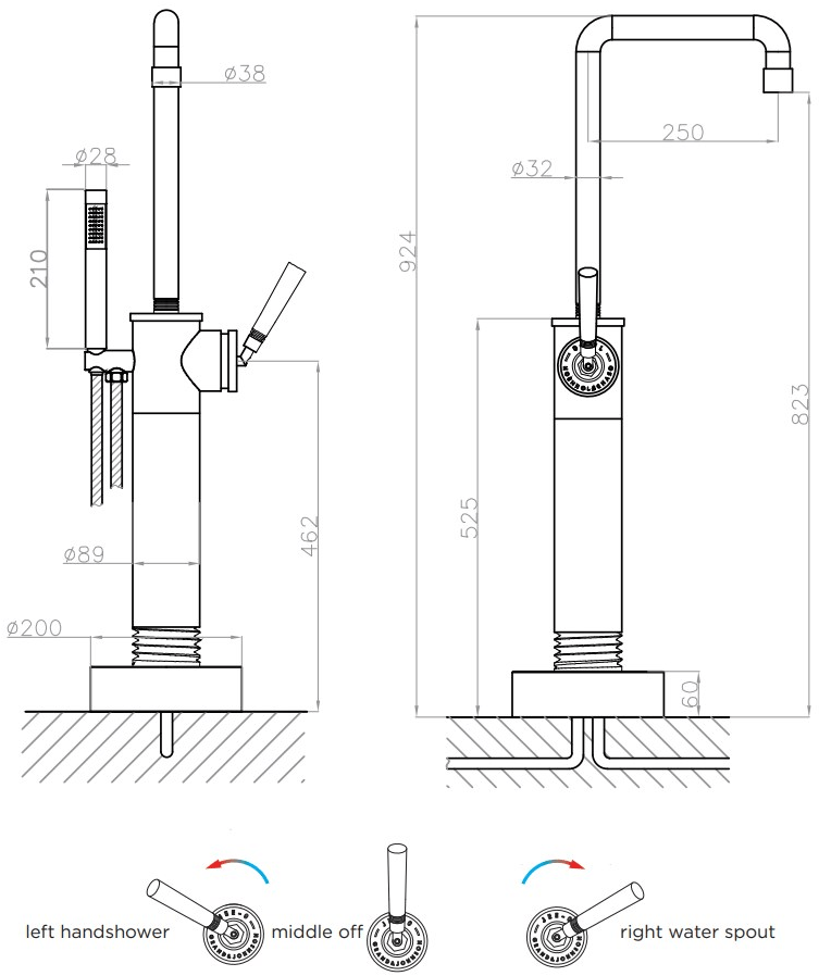 JEE-O Смеситель для ванны напольный стальной с ручным душем Soho 700-3110/2/8/9 - Вид №4
