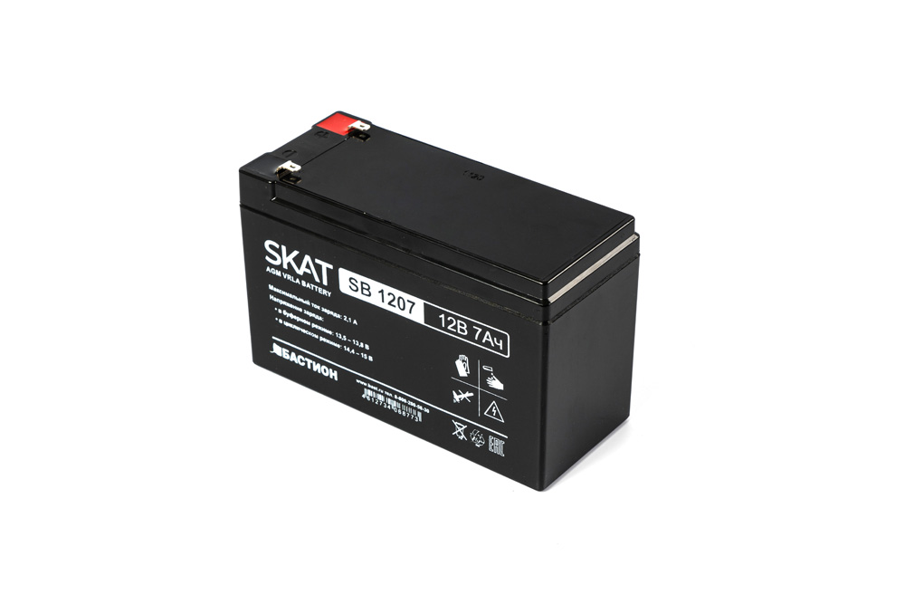 SKAT SB 1207 , 12v, 7ah, maximum charge current 2.1 a. terminal type - f1 knife. case size - 66x151x100. weight - 2.1 kg. service life - 6 years. warranty - 18 months. Бастион  - Вид №4