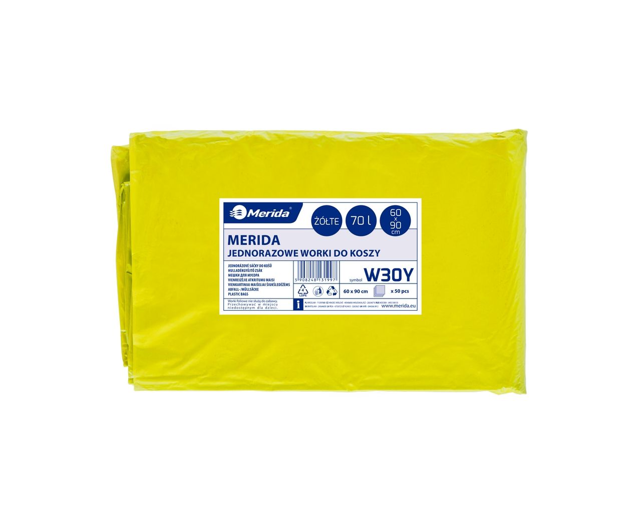 W30Y Одноразовые мешки для мусора, 60 x 90 см, вместимость 70 л, 50 шт. в упаковке, ЖЕЛТЫЕ, LDPE Merida 