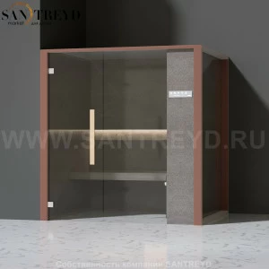 Effegibi ONEFILO H LO61030005 Хаммам. Установка: в левый угол. Правая дверь. Мощность: 4,5 кВт макс. Размеры: длина 214 см, ширина 171 см. Отделка: матовый лакированный коричневый аллюминий и темный ламинат из керамогранита.