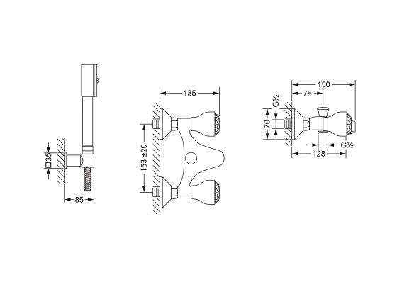 Смеситель для ванны с душевым гарнитуром ½“, настенный монтаж JOERGER Palazzo Crystal 605.20.100.000 - Вид №1