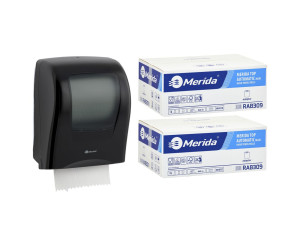 PROMO55 ОДИН черный механический диспенсер для полотенец за 100 злотых нетто при покупке 2 коробок полотенец TOP AUTOMATIC RAB309 (12 x 140 м = 1680 м, 6588 листов) Merida