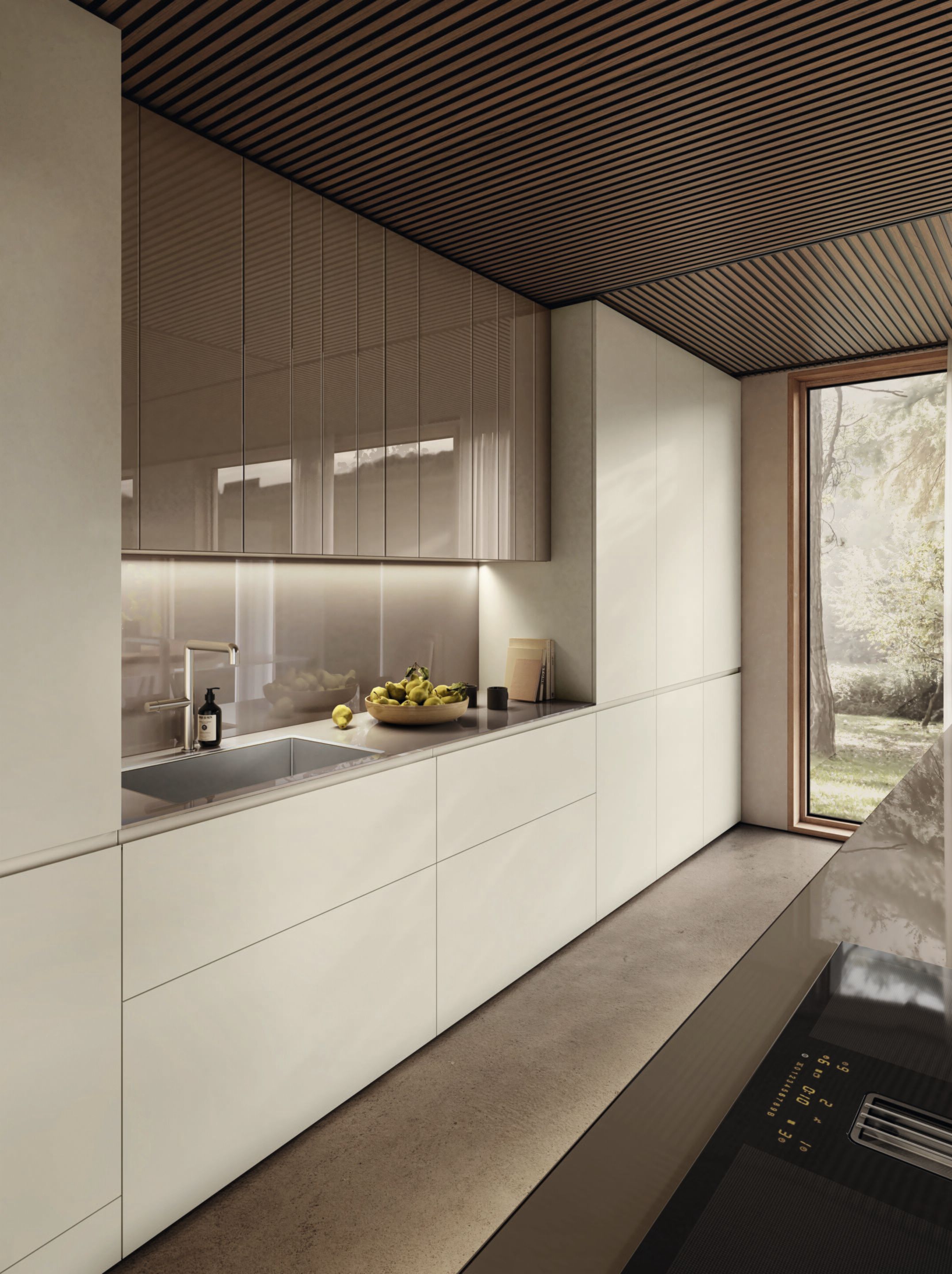 Деревянная и стеклянная кухня без ручек с островом Lago N. O. W ARCH-00058993 - Вид №1