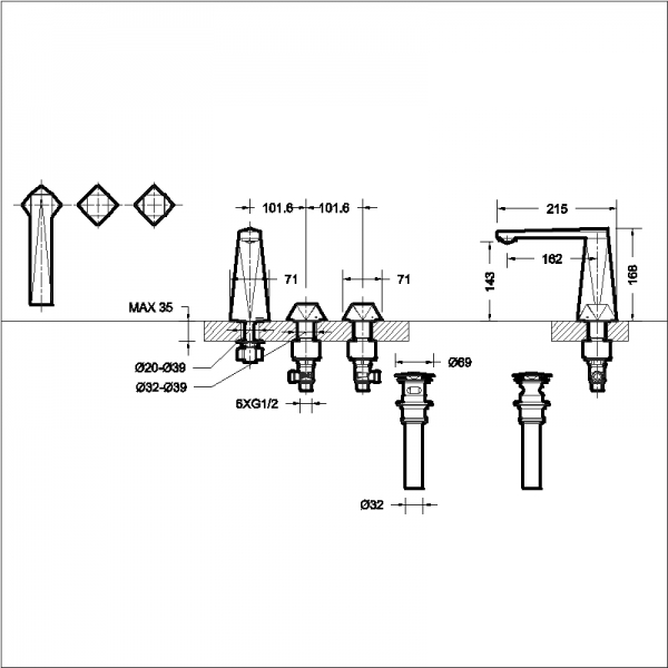 Смеситель для умывальника на три отверстия M DIAMOND F218102C-1 bravat - Вид №1