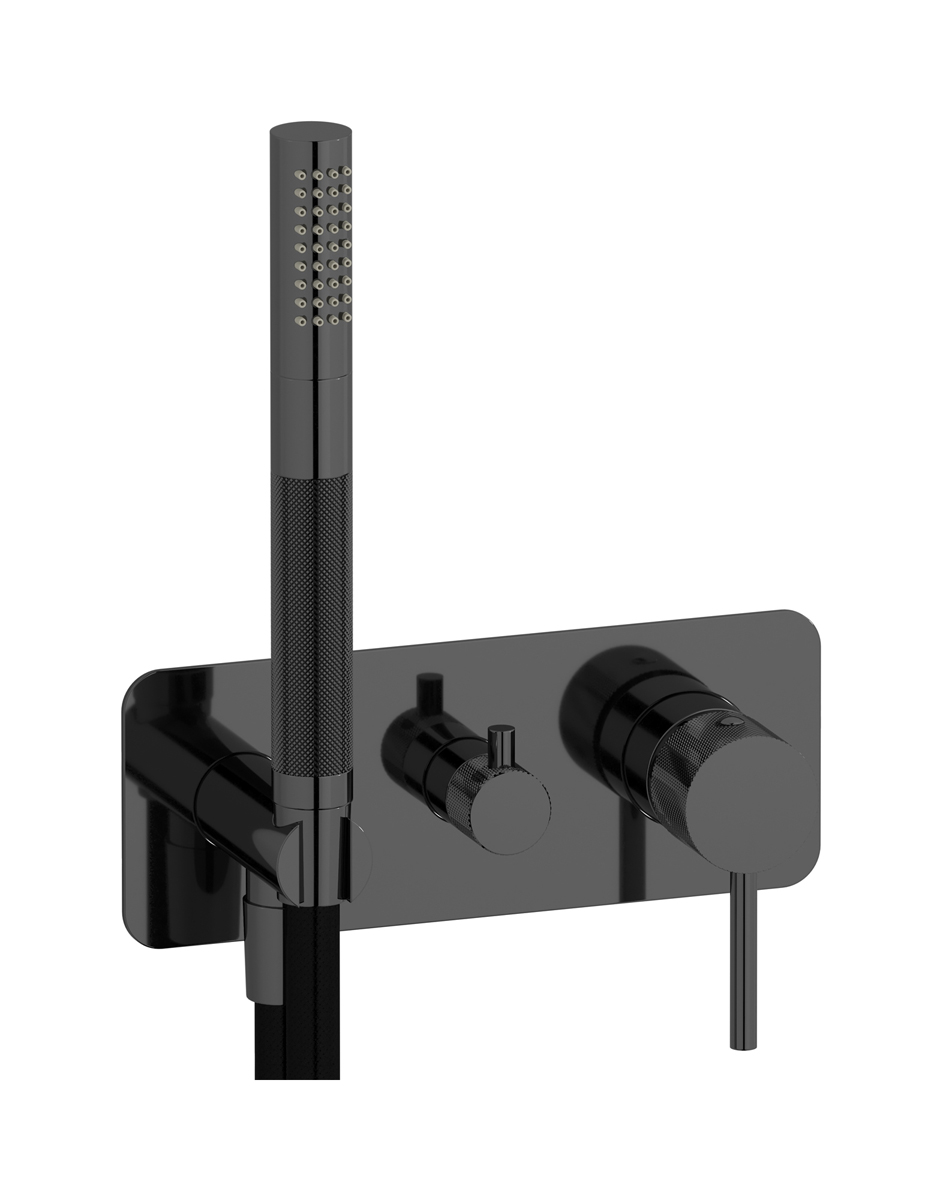 Внешние части встроенного в стену смесителя на 3 потребителя в комплекте с душевым гарнитуром. WE ARE IB id314cf Black Chrome Industria