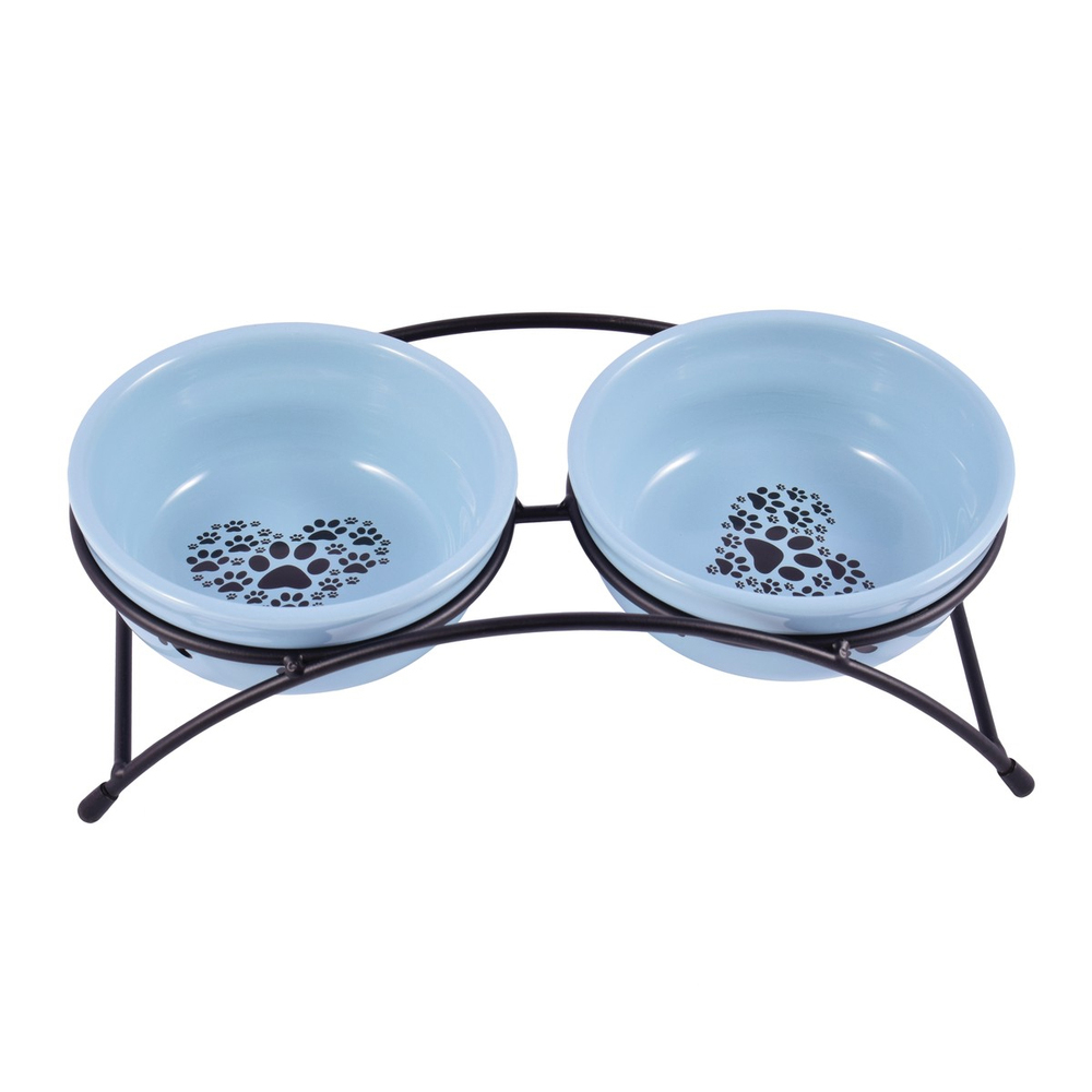 ПР0059062 Миска для собак и кошек на подставке двойные синие 2x290мл КерамикАрт 