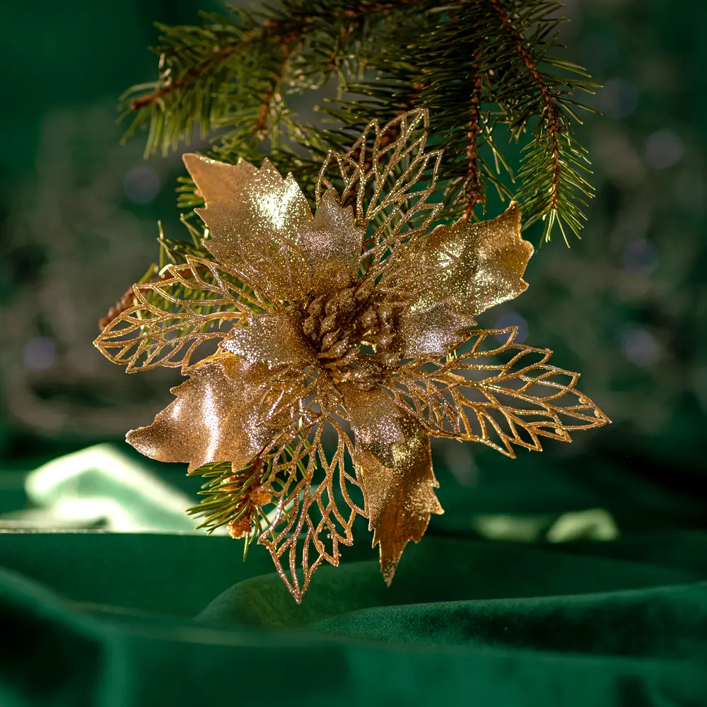 82707235 Украшение новогоднее "Цветок Рождественник", пластик, цвет золотой STLM-0961309