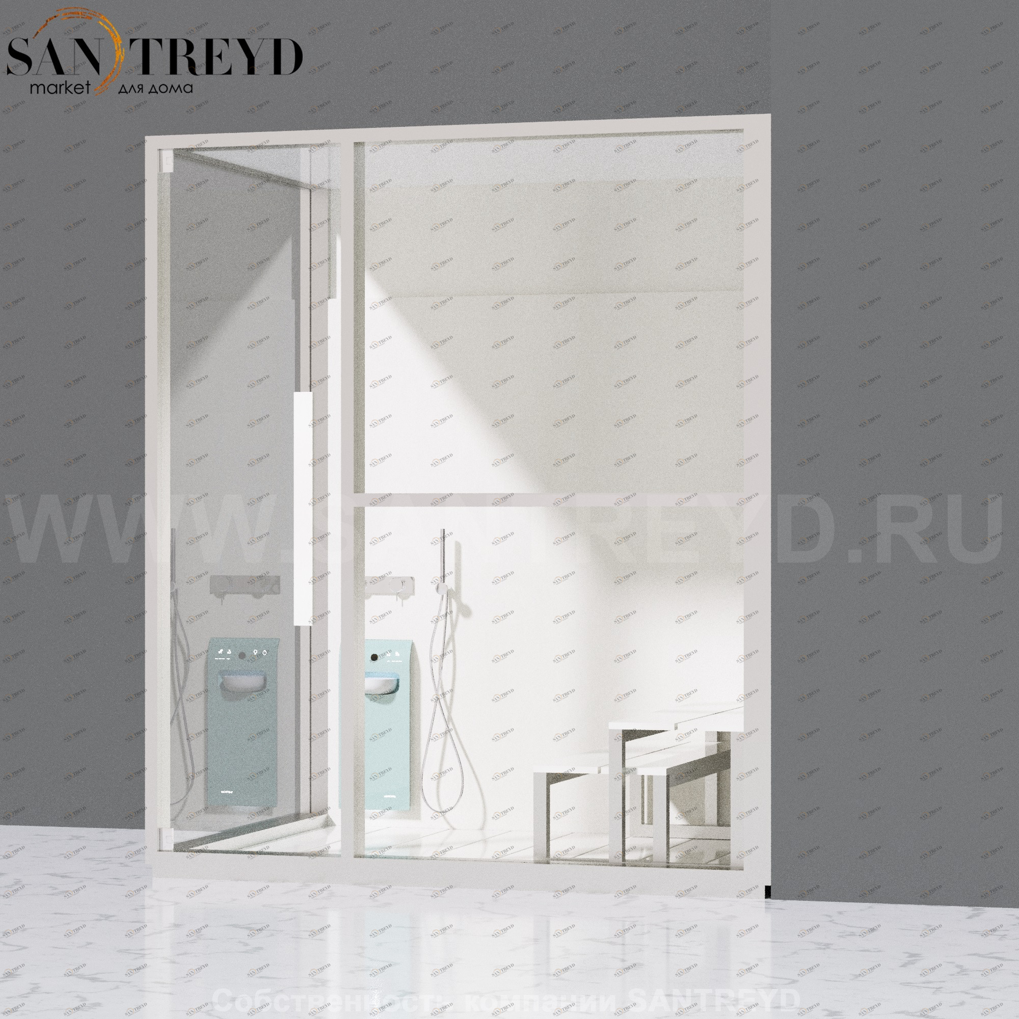 Effegibi H LARGE LO80020005 Комбинированная баня: хаммам и душ. Установка: в правый угол. Правая дверь. Мощность: 4,5 кВт макс. Размеры: длина 173 см, ширина 102 см. Отделка: матовый лакированный белый аллюминий и серый ламинат из керамогранита.