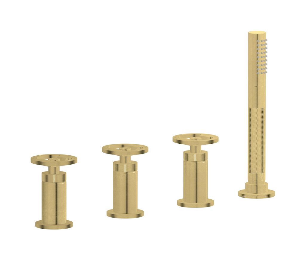 Смеситель на бортик ванной на 4 отверстия с изливом, дивертером и душевым гарнитуром. WE ARE IB b1397on Natural Brass Bold