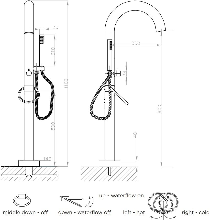 JEE-O Напольный смеситель для ванны из нержавеющей стали с ручным душем Original 100-3110 / 100-3111 - Вид №2