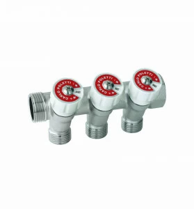 Carlo Poletti C52301TBI35 Коллектор сборный, с регулировочным клапаном. Ручка белая с идентификационными пластинками красный/синий. 3 ответвления, межосевое расстояние 35 мм.