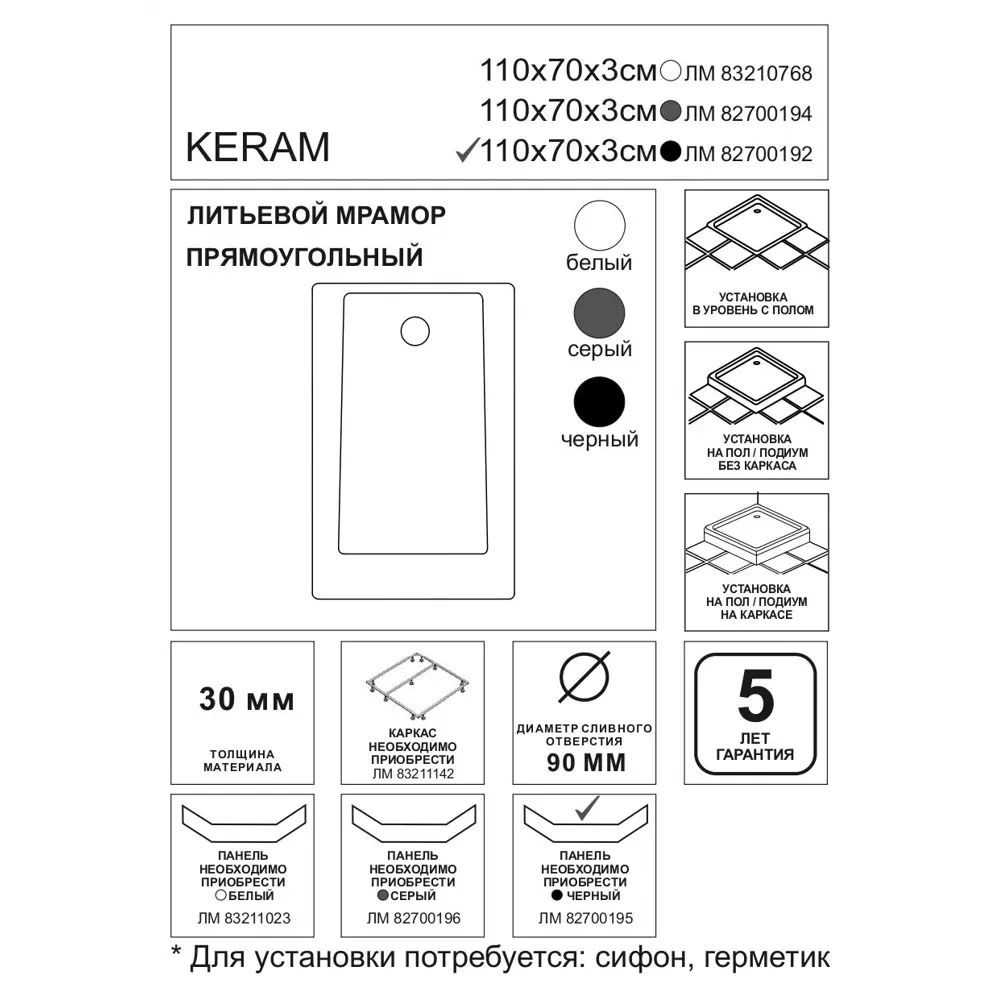 Душевой поддон Keram литьевой мрамор 110x70 см цвет черный Santreyd STLM-2088254 - Вид №3