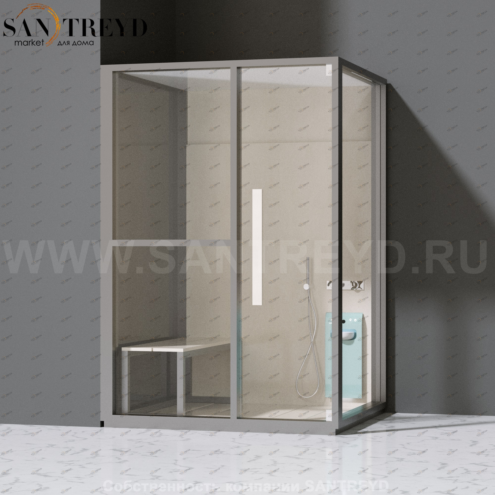 Effegibi H MEDIUM LO81010004 Комбинированная баня: хаммам и душ. Установка: в левый угол. Левая дверь. Мощность: 3 кВт макс. Размеры: длина 152 см, ширина 102 см. Отделка: матовый лакированный серый аллюминий и бежевый ламинат из керамогранита.