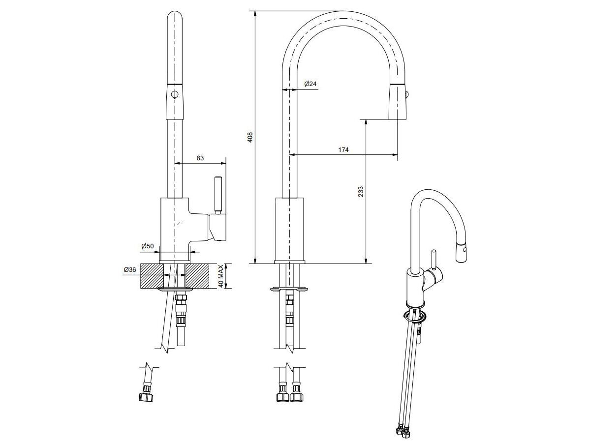 Смеситель для кухни из хромированной латуни со съемным ручным душем Bugnatese Kobuk ARCH-00068987 - Вид №2