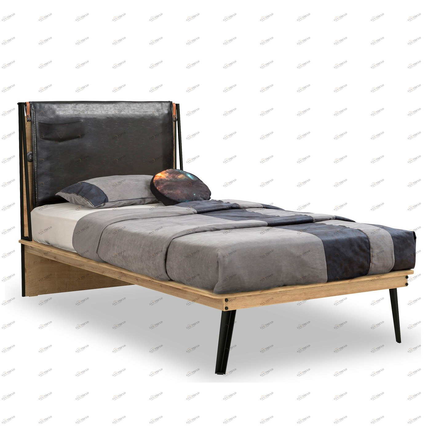 Кровать односпальная 100х200 см светлый дуб с мягким изголовьем Wood Metal Line CILEK WOOD METAL 00-3832293 Черный;бежевый Santreyd 