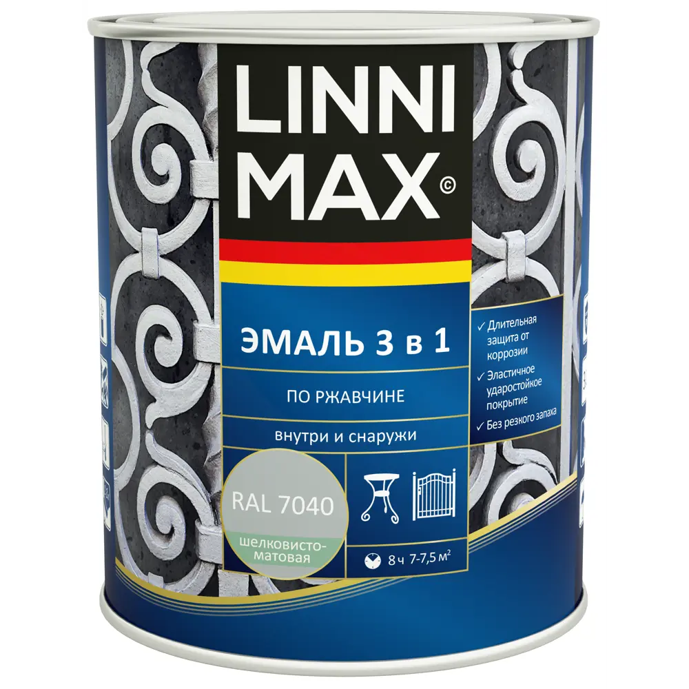 Грунт-эмаль 3 в 1 LINNIMAX для защиты от ржавчины, серый 0.75 л 89349592 STLM-0853784 - Вид №1