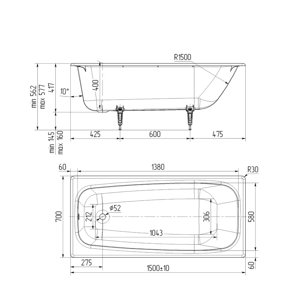 Santreyd Ресса — чугунная ванна 150×70 см с автономной установкой 82619563 ЛМ STLM-0031897 - Вид №4