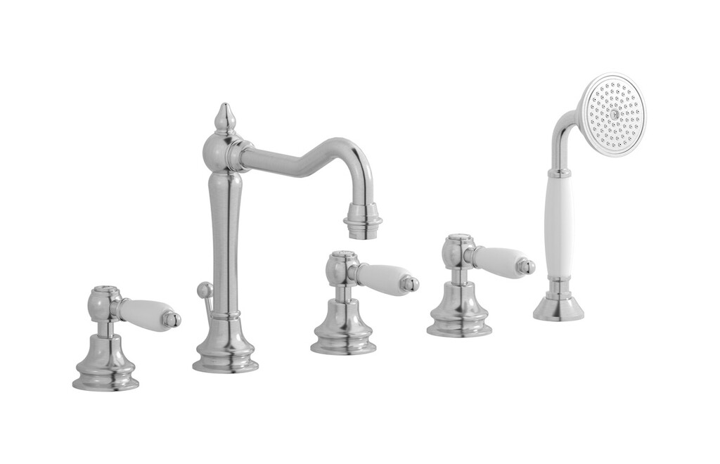 Смеситель на бортик ванной на 5 отверстий с дивертером и душевым гарнитуром. WE ARE IB hl396ss_2 Brushed Nickel Hermes