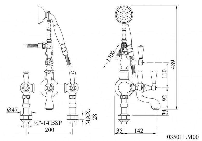 Bronces Mestre Настенный смеситель для ванны на 2 отверстия с ручным душем Retro 035011.m00.30 - Вид №1
