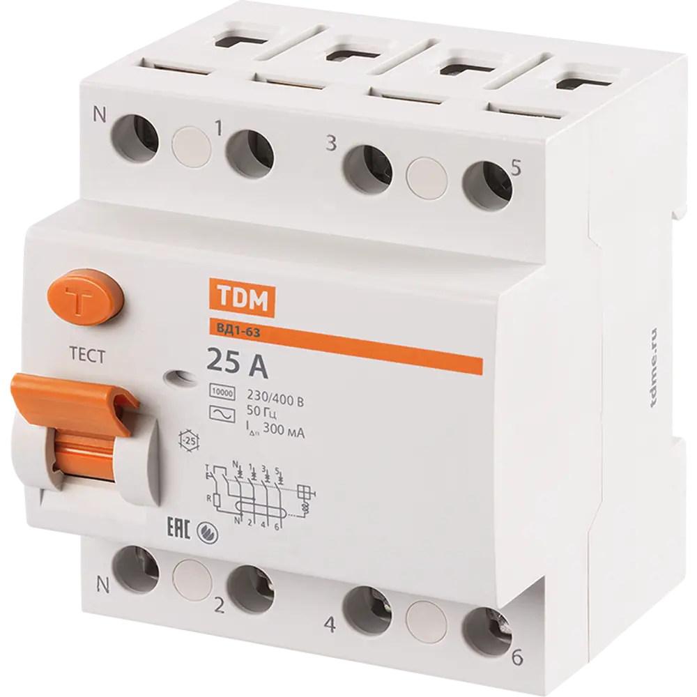 УЗО TDM Electric ВД1-63 4P 25А с защитой от токов утечки 300 мА 84399451