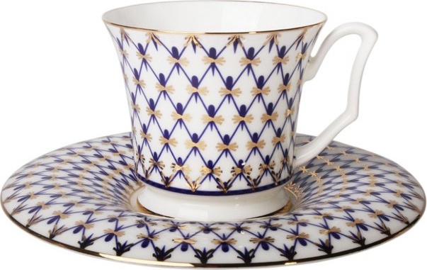 10636957 Императорский фарфоровый завод Чашка чайная с блюдцем "Кобальтовая сетка" "Юлия" Фарфор костяной 