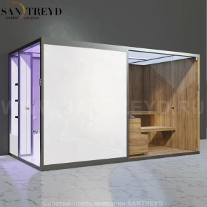 Effegibi BODYLOVE SH BL45210008 Боковая комбинированная баня: хаммам и сауна. Установка: к стене. Мощность: 15 кВт макс. Размеры: длина 393 см, ширина 176 см. Отделка: термообработанная древесина, светлый керамогранит.