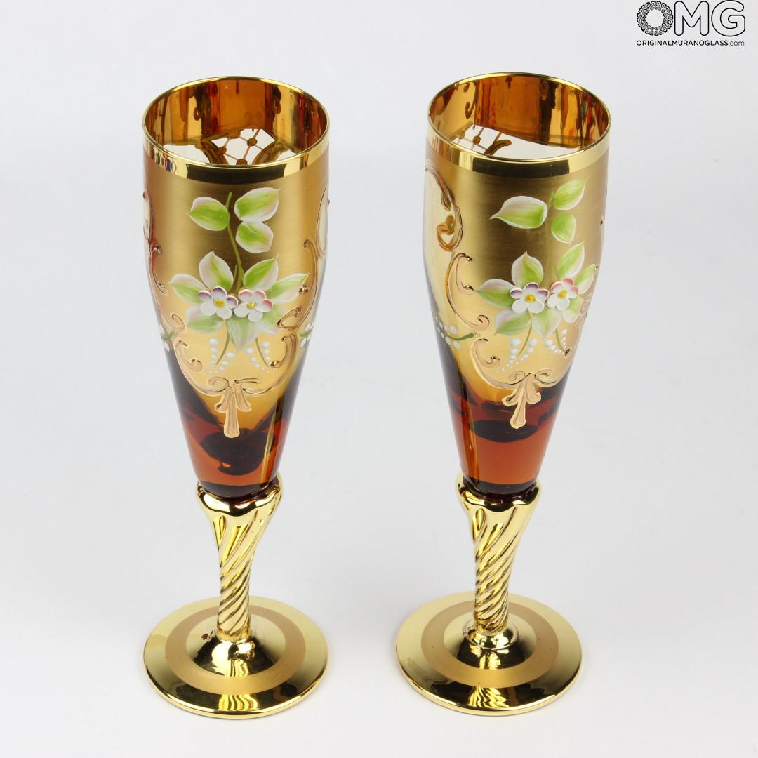 2138 ORIGINALMURANOGLASS Набор из 2 бокалов-флюте янтарного цвета- я&ты- trefuochi 6 см  - Вид №1