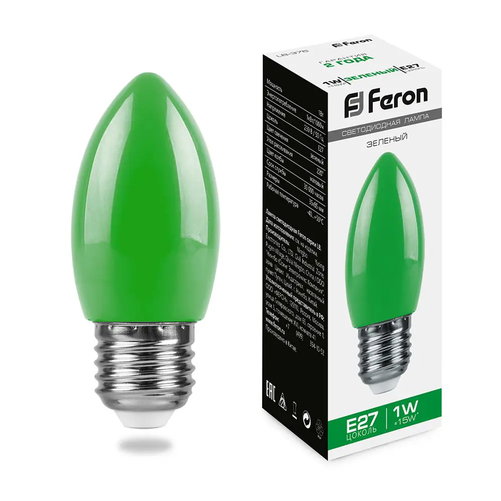 Лампа светодиодная Feron E27 LB-376 230 В 1 Вт свеча зеленый цвет света 85499835 STLM-2029871  - Вид №1