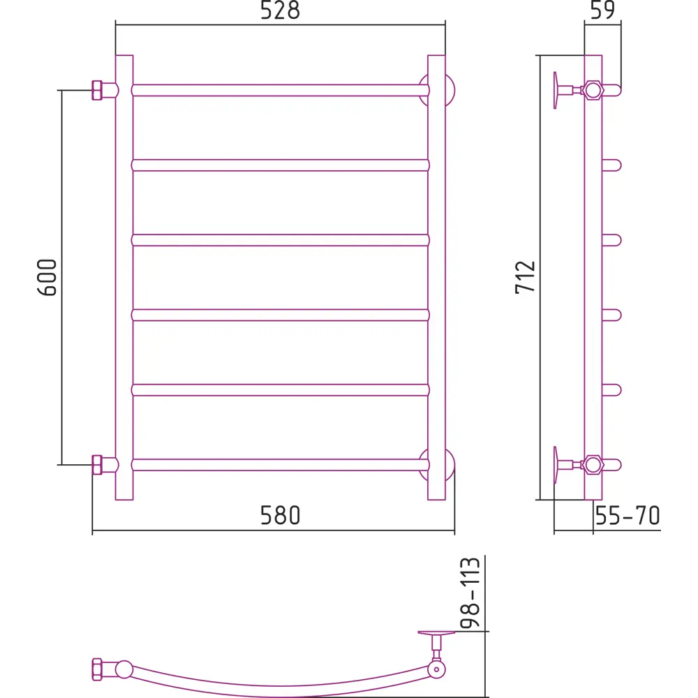 Полотенцесушитель водяной Сунержа ВПС-55ПБ 60x50 см 3/4" нержавеющая сталь STLM-2085870 - Вид №3