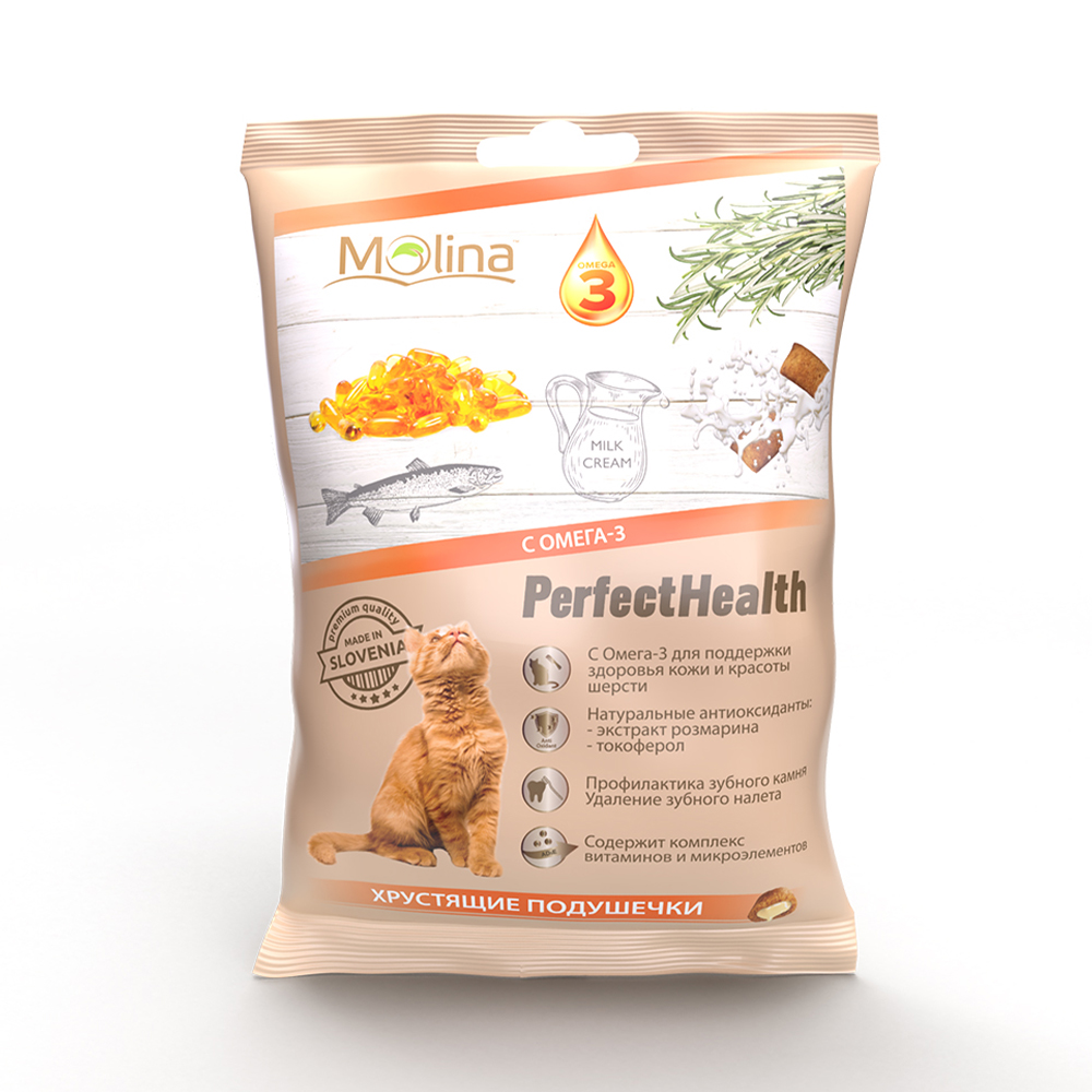ПР0058736 Лакомство для кошек Хрустящие подушечки с Омега-3 50г Molina 