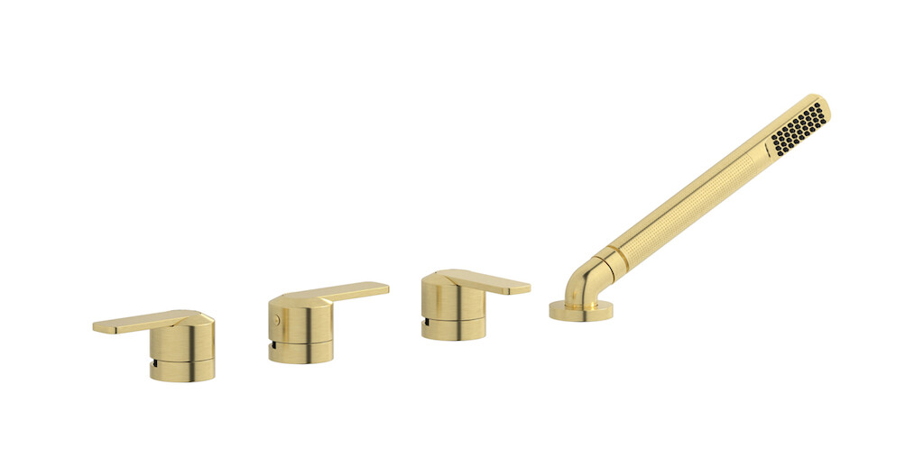 Смеситель на бортик ванной на 4 отверстия с изливом, дивертером и душевым гарнитуром. WE ARE IB c6397is Brushed Pale Gold C-67