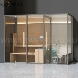 Effegibi MIDFILO LO71010002 Комбинированная баня: хаммам - душ и сауна. Установка: в левый угол. Мощность: 11 кВт макс. Размеры: длина 300 см, ширина 137 см. Отделка: канадский хемлок, матовый лакированный серый аллюминий и бежевый ламинат из керамогранит